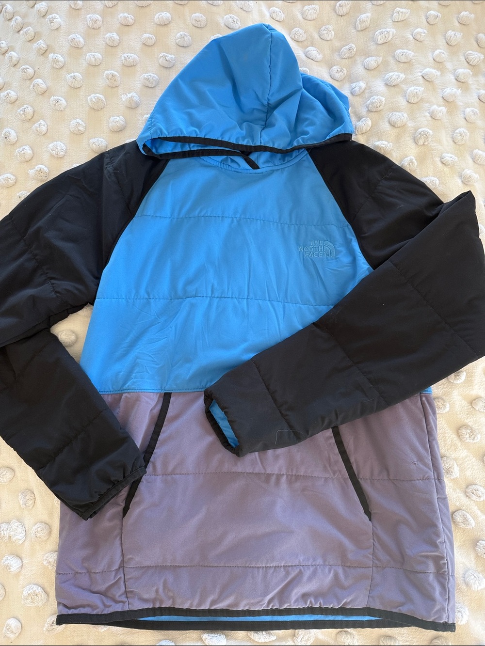 The North Face Mens Hooded Colorblock Puffer Jacket - Blue/Black/Purple